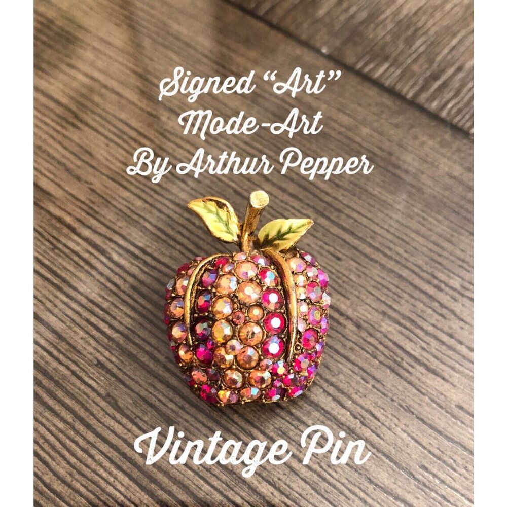 Vintage ART MODE Arthur Pepper Jeweled Apple Brooch *SIGNED* Aurora Borealis